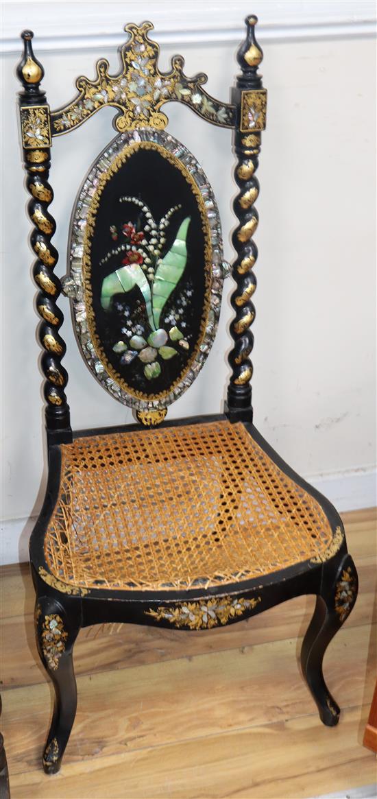 Two Victorian papier mache mother of pearl inlaid and painted cane seat chairs